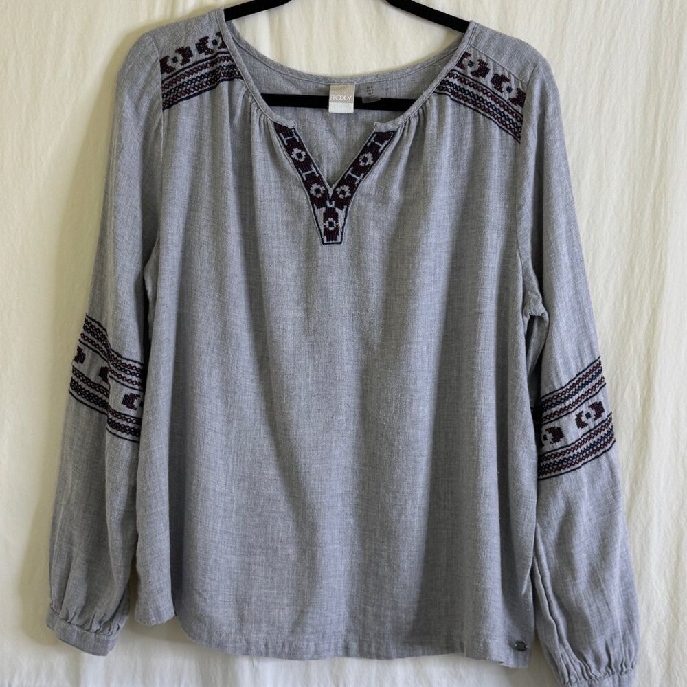 Roxy Embroidered Top/Blouse Women's Size 8 Gray Boho Peasant Beach